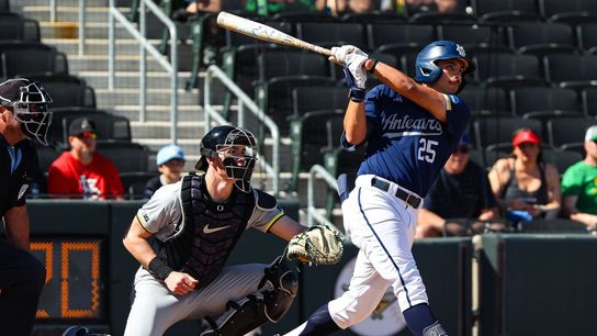 . UC Irvine Anteaters 1B Alonso Reyes (25) follows through after a base hit against the Oregon Ducks at the 2026 Live Like Lou Las Vegas College Baseball Classic on Saturday, February 28, 2026, at Las Vegas Ballpark in Las Vegas, Nevada.