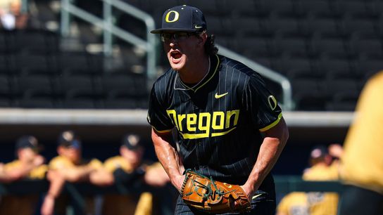 Potential MLB Draftee Oregon Ducks RHP Cal Scolari (37) reacts after striking out the side against the Vanderbilt Commodores at the 2026 Live Like Lou Las Vegas College Baseball Classic on Sunday, March 1, 2026 at Las Vegas Ballpark in Las Vegas, Nevada.