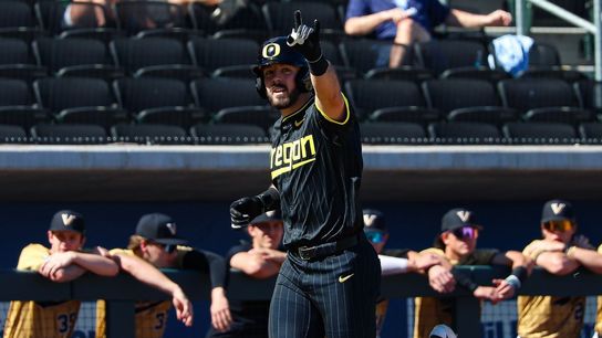 Oregon Ducks 1B Gabe Miranda (26) points towards his dugout after hitting a home run against the Vanderbilt Commodores at the 2026 Live Like Lou Las Vegas College Baseball Classic on Sunday, March 1, 2026 at Las Vegas Ballpark in Las Vegas, Nevada.