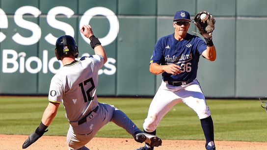 UC Irvine Anteaters SS Zach Fjelstad (36) turns a double play against the Oregon Ducks at the 2026 Live Like Lou Las Vegas College Baseball Classic on Saturday, February 28, 2026, at Las Vegas Ballpark in Las Vegas, Nevada.