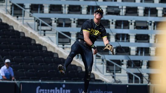 Potential first round pick Oregon Ducks SS Maddox Molony (9) makes a leaping throw for an out against the Vanderbilt Commodores at the 2026 Live Like Lou Las Vegas College Baseball Classic on Sunday, March 1, 2026 at Las Vegas Ballpark in Las Vegas, Nevada.