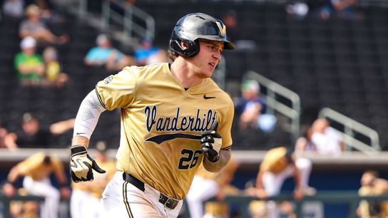 Vanderbilt Commodores OF Braden Holcomb (26) rounds first base after hitting a late home run against the Oregon Ducks at the 2026 Live Like Lou Las Vegas College Baseball Classic on Sunday, March 1, 2026 at Las Vegas Ballpark in Las Vegas, Nevada.