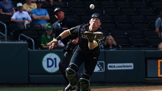 Oregon Ducks C Burke-Lee Mabeus (5) watches the ball prior to making a clutch out in the ninth inning of a college baseball game against the Vanderbilt Commodores at the 2026 Live Like Lou Las Vegas College Baseball Classic on Sunday, March 1, 2026 at Las Vegas Ballpark in Las Vegas, Nevada.