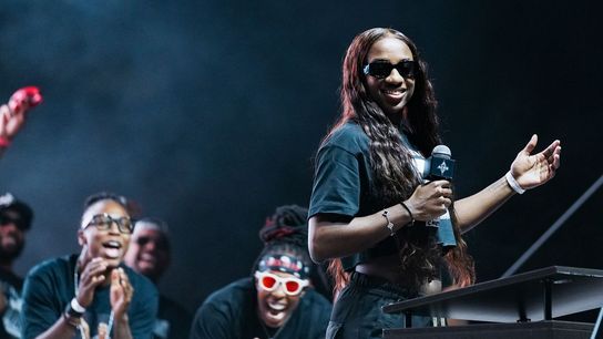 Jackie Young reacts to historic moment with Aces signing taken in Las Vegas (Las Vegas Aces). Photo by Kalin Sipes-The Sporting Tribune