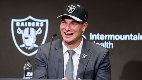 Fernando Mendoza talks about journey to the Raiders taken at Intermountain Health Performance Center (Las Vegas Raiders). Photo by DJ Cabanlong-The Sporting Tribune