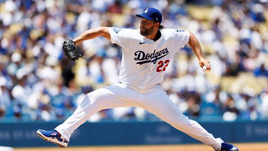 Clayton Kershaw #22 of the Los Angeles Dodgers pitches during the game against the Milwaukee Brewers at Dodger Stadium on July 20, 2025 in Los Angeles, California.