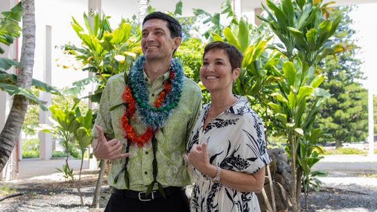 New UH Director of Athletics Matt Elliott poses with President Wendy Hensel following the Board of Regents confirmation on Monday. 