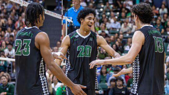 Travel Jordan (20) celebrates with Louis Sakanoko (23) and Tread Rosenthal (13) after a point against No. 7 Pepperdine. Travel Jordan (20) celebrates with Louis Sakanoko (23) and Tread Rosenthal (13) after a point against No. 7 Pepperdine.