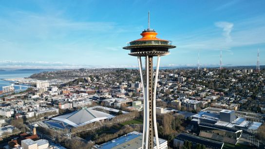 A general overall view of the Space Needle and Climate Pledge Arena at Seattle Center. 