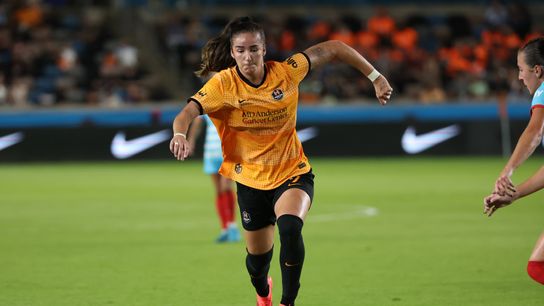 Oct 4, 2024; Houston, Texas, USA; Houston Dash forward Diana Ordonez (9) dribbles the ball during the second half against the Chicago Red Stars at Shell Energy Stadium.
