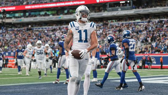 Dec 29, 2024; East Rutherford, New Jersey, USA; Indianapolis Colts wide receiver Michael Pittman Jr. (11) celebrates his touchdown during the second half against the New York Giants at MetLife Stadium. 