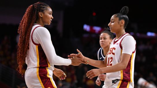 USC'S Lindsay Gottlieb says 'Kiki and Juju are the best duo in the country' taken at Galen Center (USC)