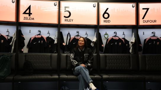 Jan 21, 2025; Thousand Oaks, California, USA; Angel City team captain Ali Riley sits on her locker at Angel City FC Performance Center. Jan 21, 2025; Thousand Oaks, California, USA; Angel City team captain Ali Riley sits on her locker at Angel City FC Performance Center.