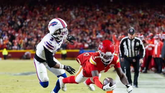 Jan 26, 2025; Kansas City, MO, USA; Kansas City Chiefs wide receiver Xavier Worthy (1) dives into the end zone to score a touchdown against the Buffalo Bills in the AFC Championship game at GEHA Field at Arrowhead Stadium.