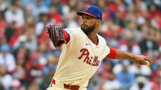 Apr 6, 2025; Philadelphia, Pennsylvania, USA; Philadelphia Phillies pitcher Cristopher Sánchez (61) throws a pitch during the first inning against the Los Angeles Dodgers at Citizens Bank Park.