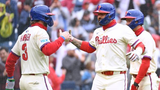 Apr 6, 2025; Philadelphia, Pennsylvania, USA; Philadelphia Phillies outfielder Nick Castellanos (8) celebrates his grand slam with first base Bryce Harper (3) during the third inning against the Los Angeles Dodgers home run at Citizens Bank Park. 