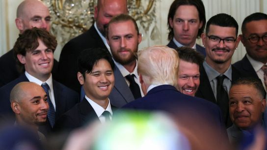 President Donald Trump speaks with Los Angeles Dodgers designated hitter Shohei Ohtani during a ceremony honoring the members of the 2024 World Series Champion Los Angeles Dodgers in the East Room at ... President Donald Trump speaks with Los Angeles Dodgers designated hitter Shohei Ohtani during a ceremony honoring the members of the 2024 World Series Champion Los Angeles Dodgers in the East Room at ...