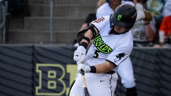 James Tibbs III hits a single for the Emeralds during the Eugene Emeralds home opener Wednesday, April 9, 2025, at PK Park in Eugene, Ore James Tibbs III hits a single for the Emeralds during the Eugene Emeralds home opener Wednesday, April 9, 2025, at PK Park in Eugene, Ore