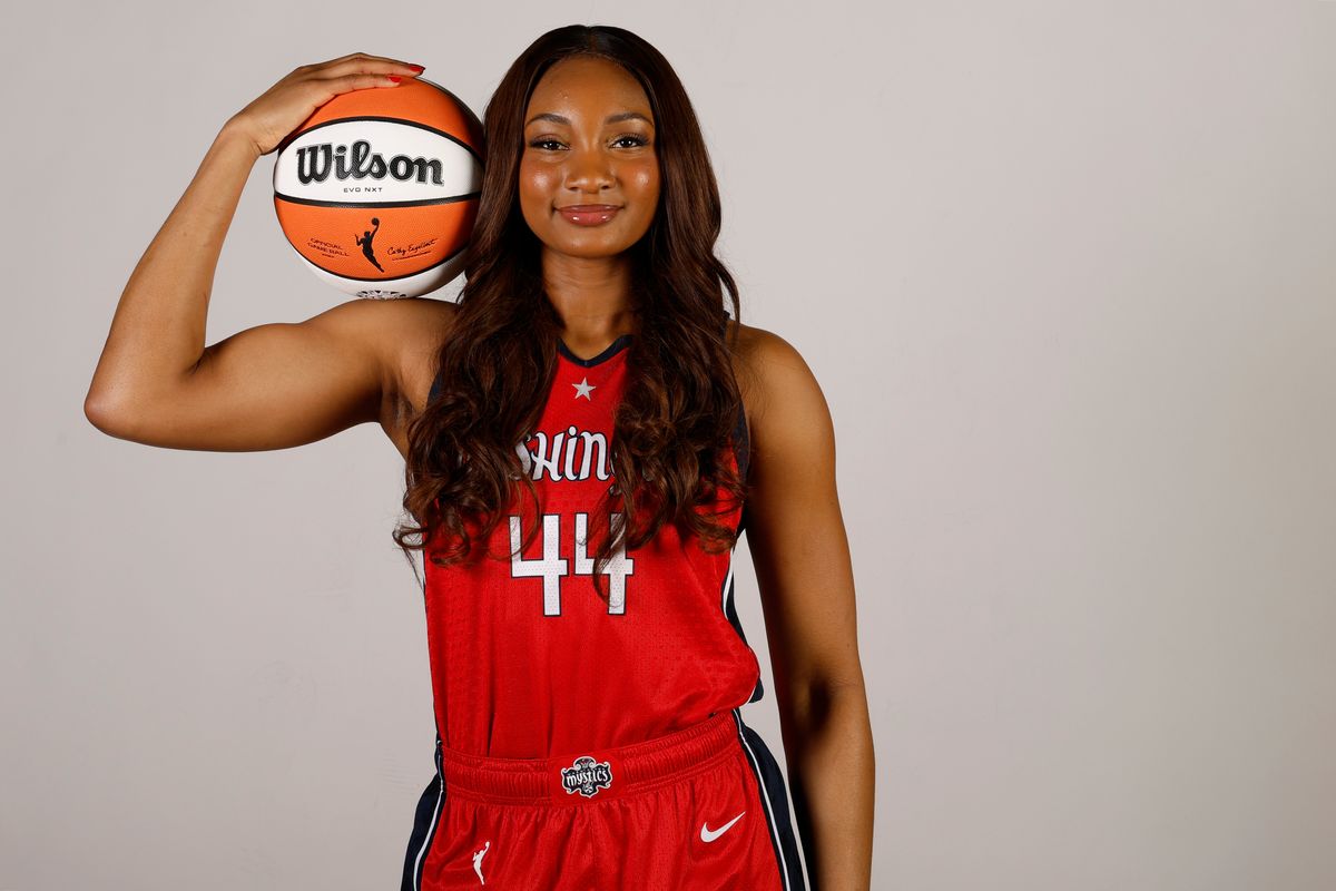 Apr 28, 2025; Washington, DC, USA; Washington Mystics forward Kiki Iriafen (44) poses for a portrait during Mystics Media Day at CareFirst Arena. 