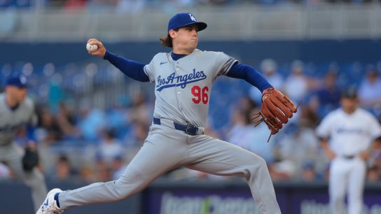 Los Angeles Dodgers starting pitcher Landon Knack (96) delivers a pitch against the Miami Marlins during the first inning at loanDepot Park. Los Angeles Dodgers starting pitcher Landon Knack (96) delivers a pitch against the Miami Marlins during the first inning at loanDepot Park.