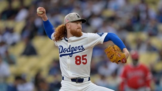 Los Angeles Dodgers pitcher Dustin May (85) throws during the first inning against the Los Angeles Angels at Dodger Stadium. 