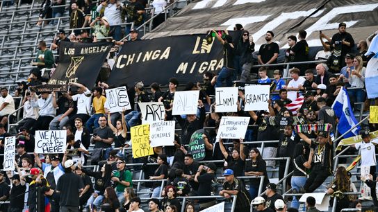 Jun 8, 2025; Los Angeles, California, USA; The 3252 supporter section holds signs to protest recent ICE raids in Los Angeles before the game between Sporting Kansas City and LAFC at BMO Stadium. Jun 8, 2025; Los Angeles, California, USA; The 3252 supporter section holds signs to protest recent ICE raids in Los Angeles before the game between Sporting Kansas City and LAFC at BMO Stadium.