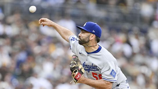Los Angeles Dodgers starting pitcher Lou Trivino (58) delivers during the first inning against the San Diego Padres at Petco Park. Los Angeles Dodgers starting pitcher Lou Trivino (58) delivers during the first inning against the San Diego Padres at Petco Park.