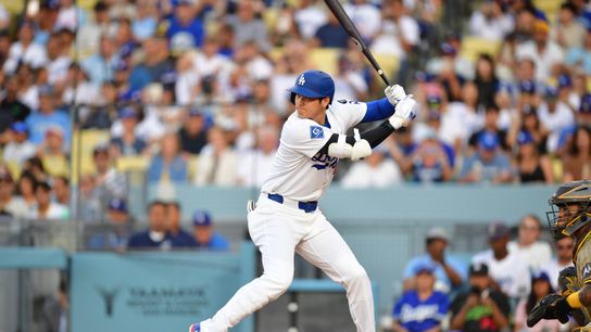 Los Angeles Dodgers designated hitter Shohei Ohtani (17) bats during the first inning against the San Diego Padres at Dodger Stadium. 