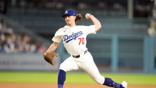Los Angeles Dodgers starting pitcher Justin Wrobleski (70) throws in the fifth inning against the San Diego Padres at Dodger Stadium. Los Angeles Dodgers starting pitcher Justin Wrobleski (70) throws in the fifth inning against the San Diego Padres at Dodger Stadium.