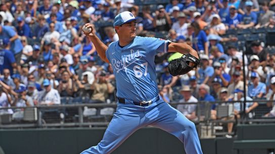 Kansas City Royals starting pitcher Seth Lugo (67) throws a pitch in the first inning against the Los Angeles Dodgers at Kauffman Stadium.