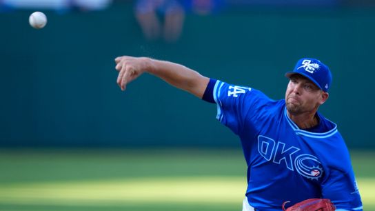 Sweat flies from the arm of Oklahoma City Comets pitcher Blake Treinen (41) as he throws a pitch during a minor league baseball game between the Oklahoma City Comets and the Sugar Land Space Cowboys at Chickasaw Bricktown Ballpark in Oklahoma City, Wednesday, July 9, 2025.