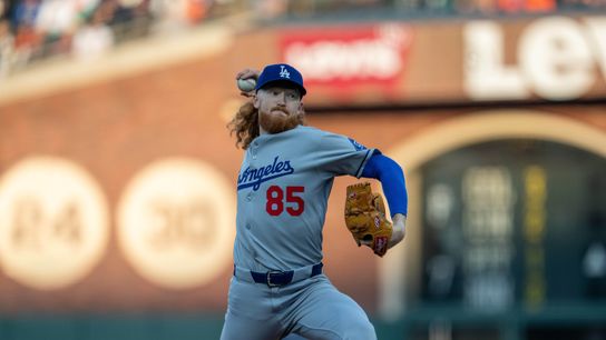 Los Angeles Dodgers starting pitcher Dustin May (85) delivers a pitch against the San Francisco Giants during the first inning at Oracle Park.