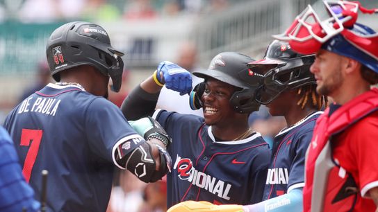 Jul 12, 2025; Atlanta, GA, USA; National League outfielder Josue De Paula (46) of the Los Angeles Dodgers scores a run during the sixth inning against American League at Truist Park.