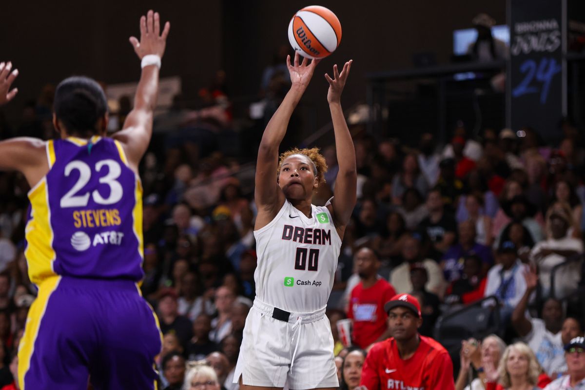 Sep 3, 2025; College Park, Georgia, USA; Atlanta Dream forward Naz Hillmon (00) shoots against the Los Angeles Sparks in the fourth quarter at Gateway Center Arena at College Park. 