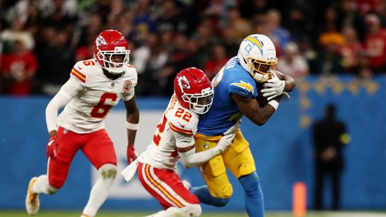 Sep 5, 2025; Sao Paulo, BRAZIL; Los Angeles Chargers wide receiver Keenan Allen (13) runs against Kansas City Chiefs cornerback Trent McDuffie (22) in the second half during a NFL game at Corinthians Arena.