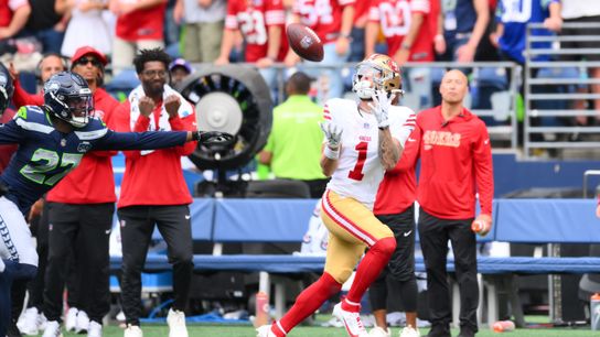 Sep 7, 2025; Seattle, Washington, USA; San Francisco 49ers wide receiver Ricky Pearsall (1) catches a pass during the second half against the Seattle Seahawks at Lumen Field.