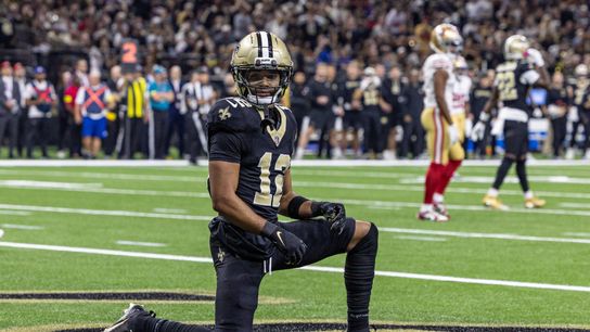 Sep 14, 2025; New Orleans, Louisiana, USA; New Orleans Saints wide receiver Chris Olave (12) reacts to dropping a pass in the end zone against the San Francisco 49ers during the first half at Caesars Superdome.