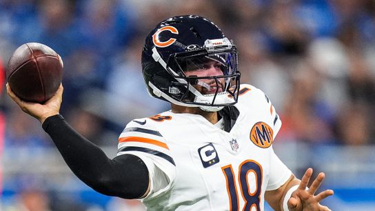 Chicago Bears quarterback Caleb Williams (18) makes a pass against Chicago Bears during the first half at Ford Field in Detroit on Sunday, Sept. 14, 2025.