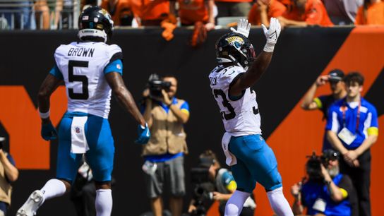 Sep 14, 2025; Cincinnati, Ohio, USA; Jacksonville Jaguars running back Bhayshul Tuten (33) reacts after scoring a touchdown in the first half against the Cincinnati Bengals at Paycor Stadium.