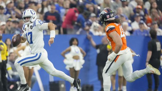 Sep 14, 2025; Indianapolis, Indiana, USA; Indianapolis Colts quarterback Daniel Jones (17) rushes with the ball during a game against the Denver Broncos at Lucas Oil Stadium.