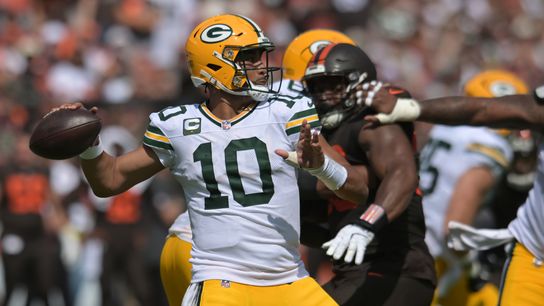 Sep 21, 2025; Cleveland, Ohio, USA; Green Bay Packers quarterback Jordan Love (10) throws a pass against the Cleveland Browns during the second quarter at Huntington Bank Field.