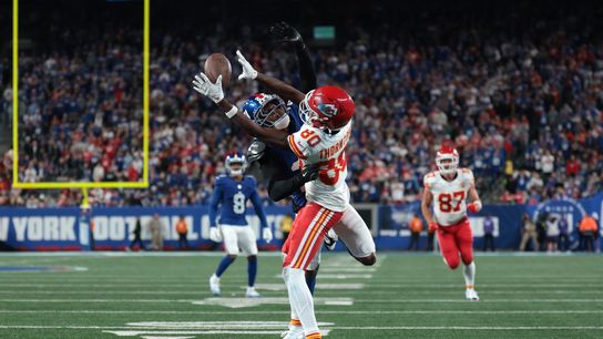 Sep 21, 2025; East Rutherford, New Jersey, USA; Kansas City Chiefs wide receiver Tyquan Thornton (80) makes a catch against New York Giants cornerback Andru Phillips (22) in the fourth quarter at MetLife Stadium.