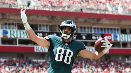 Sep 28, 2025; Tampa, Florida, USA; Philadelphia Eagles tight end Dallas Goedert (88) celebrates a touchdown in the second quarter against the Tampa Bay Buccaneers at Raymond James Stadium. 