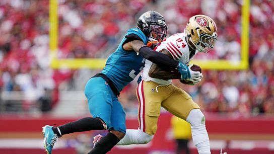 Sep 28, 2025; Santa Clara, California, USA; San Francisco 49ers wide receiver Kendrick Bourne (84) runs the ball during the second half against the Jacksonville Jaguars at Levi's Stadium.