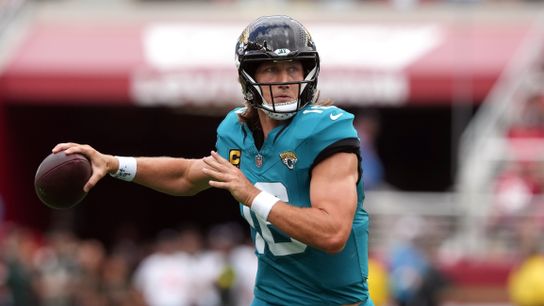 Sep 28, 2025; Santa Clara, California, USA; Jacksonville Jaguars quarterback Trevor Lawrence (16) passes against the San Francisco 49ers during the second quarter at Levi's Stadium.