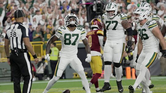 Green Bay Packers wide receiver Romeo Doubs (87) celebrates his touchdown catch during the first quarter of their game against the Washington Commanders Thursday, September 11, 2025 at Lambeau Field in Green Bay, Wisconsin.