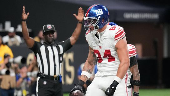 Oct 5, 2025; New Orleans, Louisiana, USA; New York Giants tight end Theo Johnson (84) celebrates after a touchdown against the New Orleans Saints during the second quarter at Caesars Superdome.