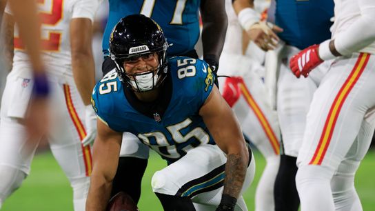 Jacksonville Jaguars tight end Brenton Strange (85) gets to his feet during the first quarter of an NFL football matchup at EverBank Stadium, Monday, Oct. 6, 2025, in Jacksonville, Fla. The Jacksonville Jaguars edged the Kansas City Chiefs 31-28.