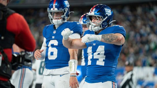 New York Giants running back Cam Skattebo (44) and New York Giants quarterback Jaxson Dart (6) celebrate after a touchdown during a Thursday Night Football game between the New York Giants and the Philadelphia Eagles at MetLife Stadium in East Rutherford on Oct. 9, 2025.