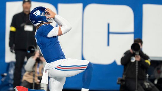 New York Giants quarterback Jaxson Dart (6) celebrates after scoring the first touchdown during a Thursday Night Football game between the New York Giants and the Philadelphia Eagles at MetLife Stadium in East Rutherford on Oct. 9, 2025.